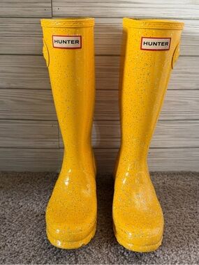 Hunter yellow glitter rain tall boots
